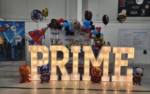 Collingwood marquee letters with balloon decor and superheroes