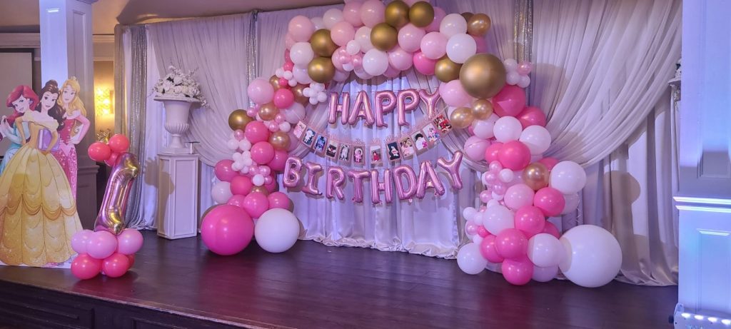 Orillia kids party decor with balloon decor and character cutouts 
