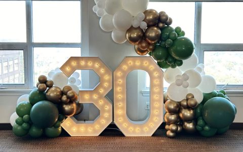 Balloon garlands in Ajax, framing the number 30 in marquee numbers