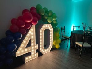 Orangeville balloon arch and marquee numbers that spell out 40